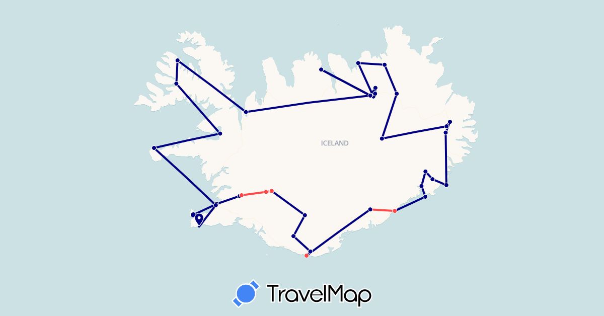 TravelMap itinerary: driving, plane, hiking in Iceland (Europe)